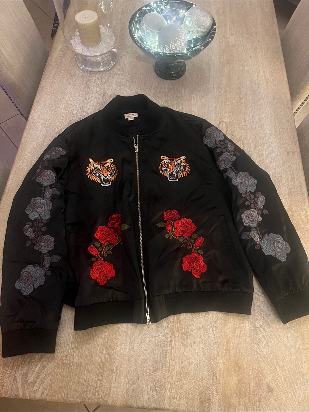 Black Embroidered Tiger & Rose Bomber Jacket